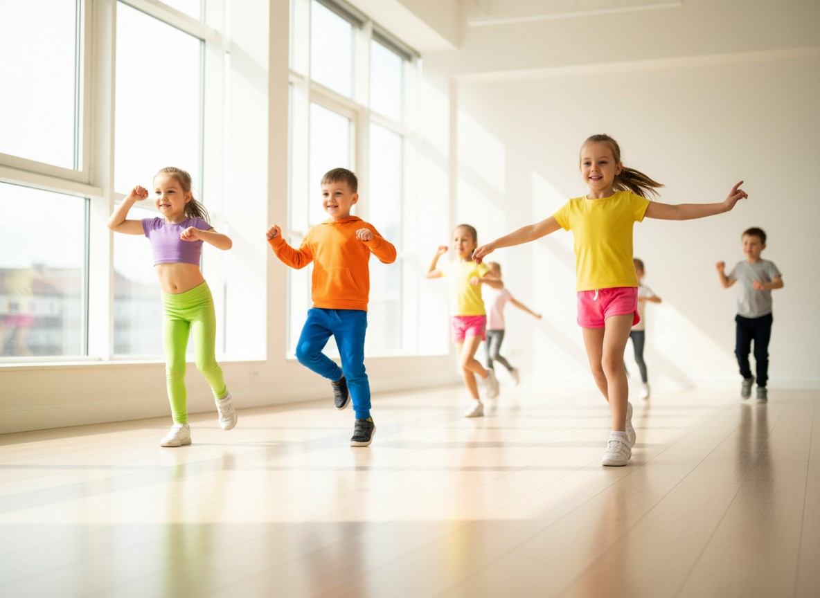 Young dancers in a bright studio, smiling during class
